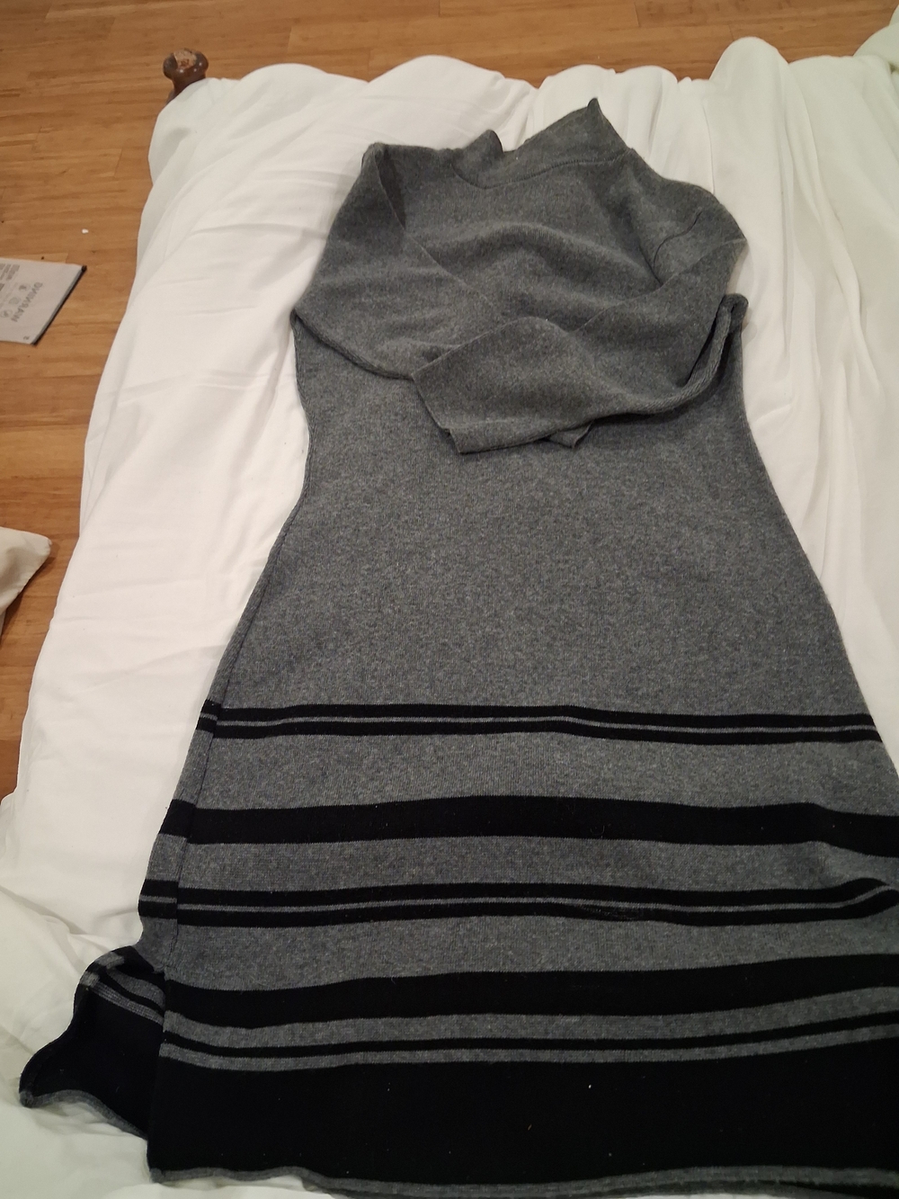 Gray Long-Sleeve Turtleneck Sweater Dress with Black Stripe Detail